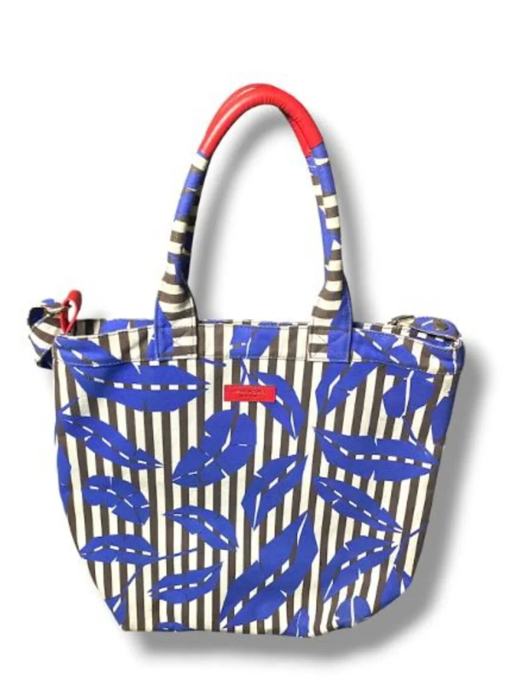 henri bendel Blue Leaf Print Striped Tote with Red Accent